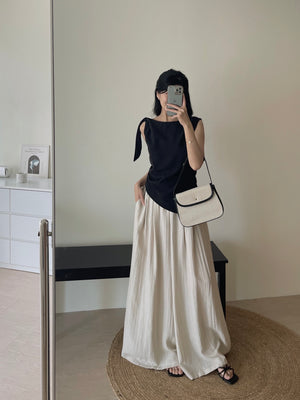 Wide Shoulder Ribbon Top / 宽领单肩系带不规则小衫