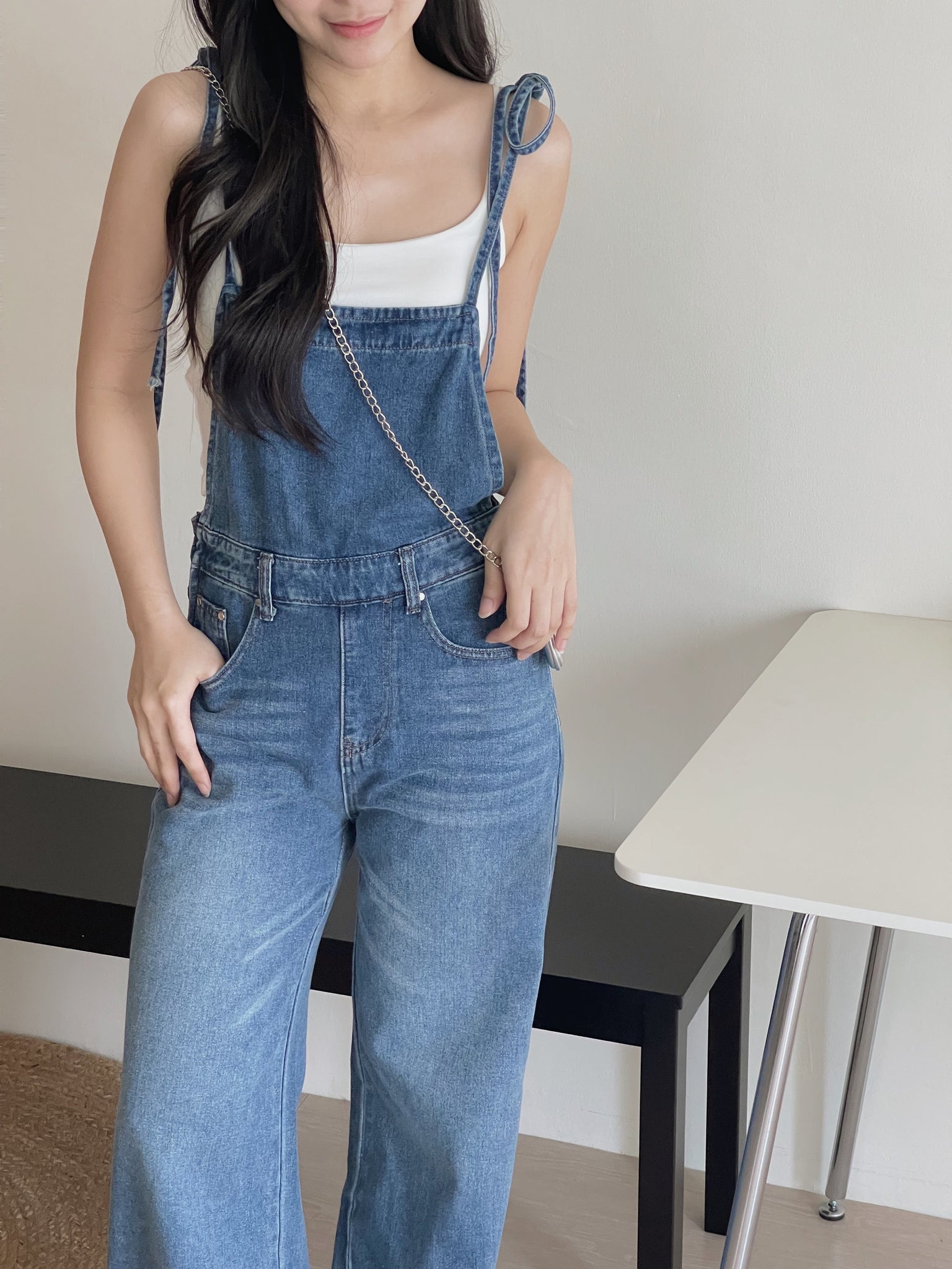 Tie Strap Denim Dungaree / 牛仔系肩带复古背带裤