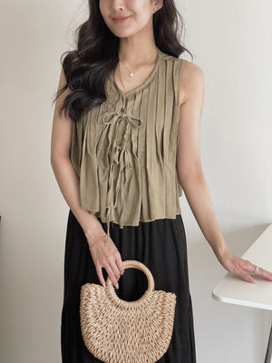 Ribbon Pleated Top / 麻料百褶蝴蝶结上衣