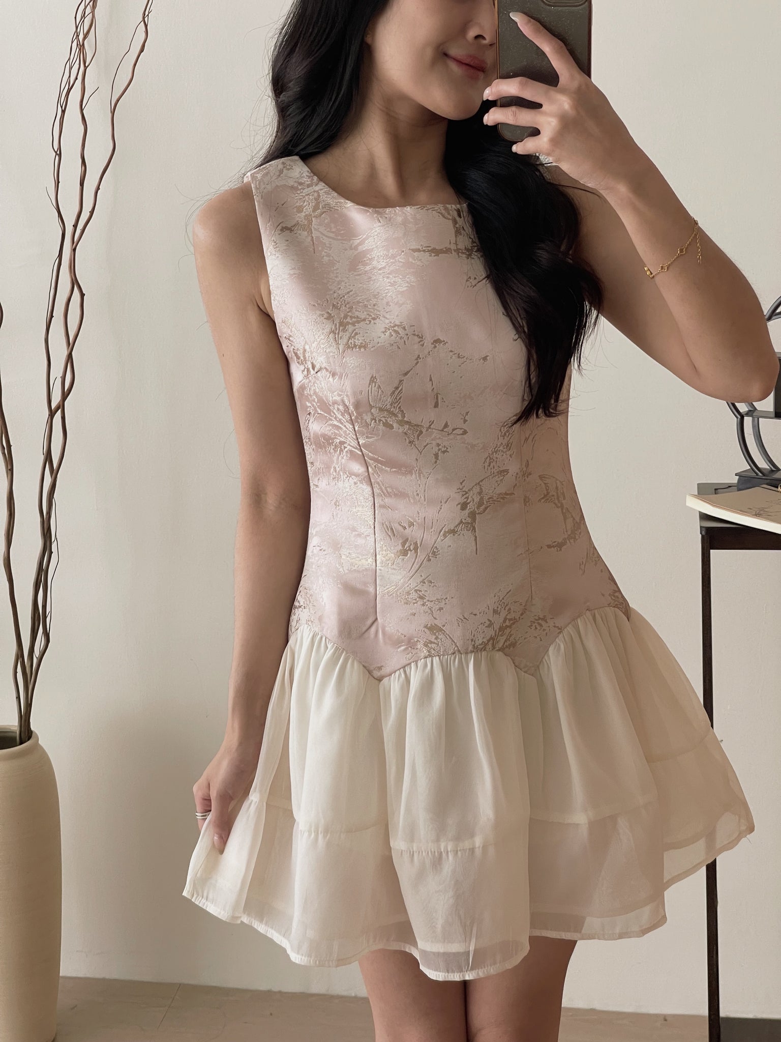 Gilded Mist Jumpsuit Dress / 烟罗织梦-金雾提花薄纱摆连体裤裙