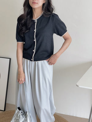 Flower Edge Knit Top / 圆领花边条针织开衬