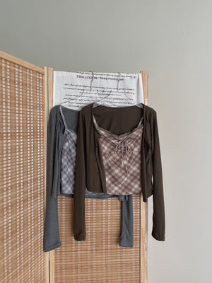 Vintage Checkered Top Set / 复古格子吊带开衫上衣