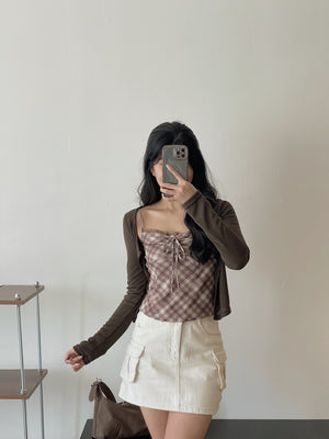 Vintage Checkered Top Set / 复古格子吊带开衫上衣
