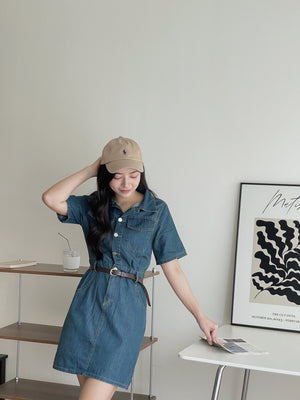 Collar Belted Denim Dress / 港风复古翻领牛仔裙
