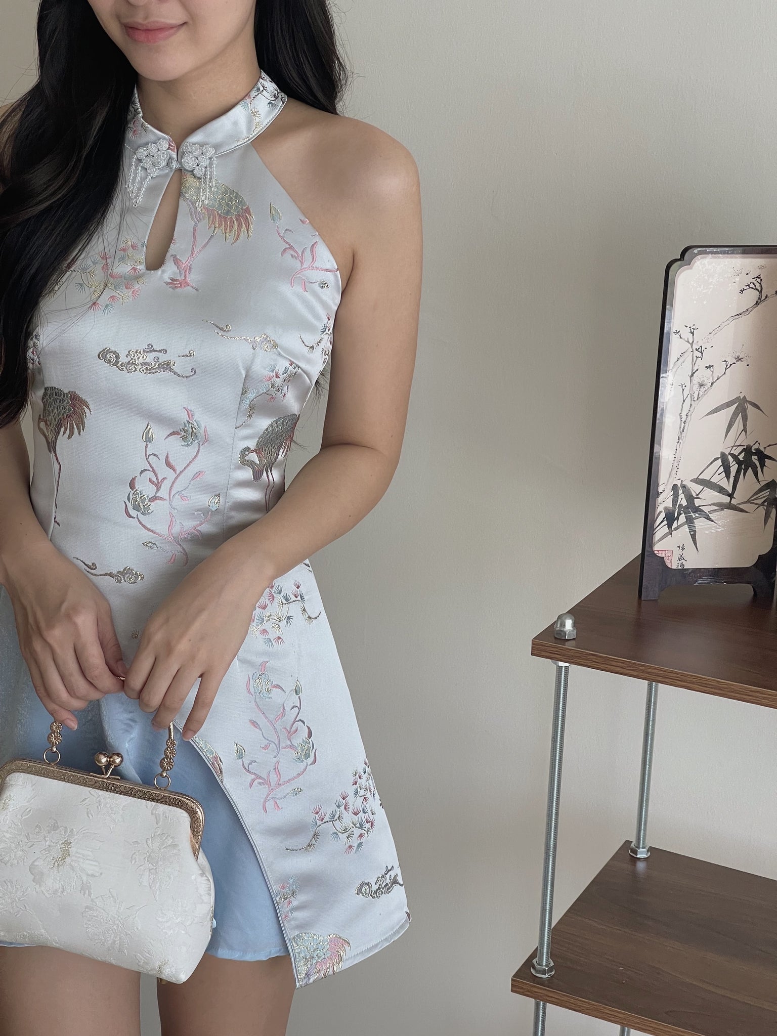 Dreamy Blossom Cheongsam Dress / 绮梦花锦挂脖拼接旗袍裙