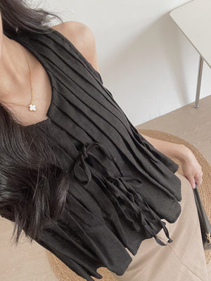 Ribbon Pleated Top / 麻料百褶蝴蝶结上衣