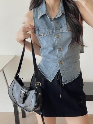 Collar Back Ribbon Top / 牛仔翻领后系带上衣