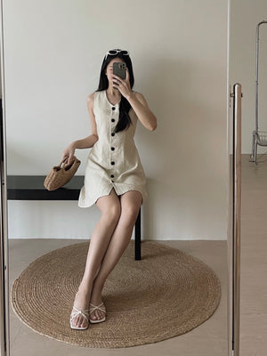 Chic Holiday A-line Dress / A字收腰亚麻裙