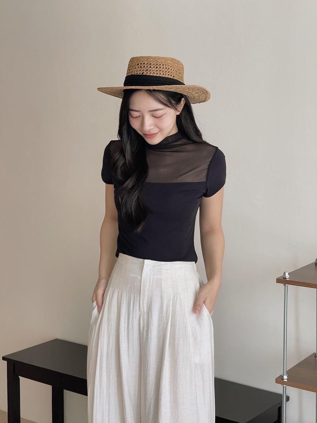 Mesh Spliced Cotton Tee / 网纱拼接半高领棉T恤