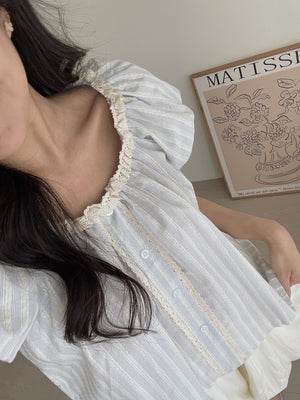 Airy Strip Puff Blouse / 泡泡袖条纹上衣