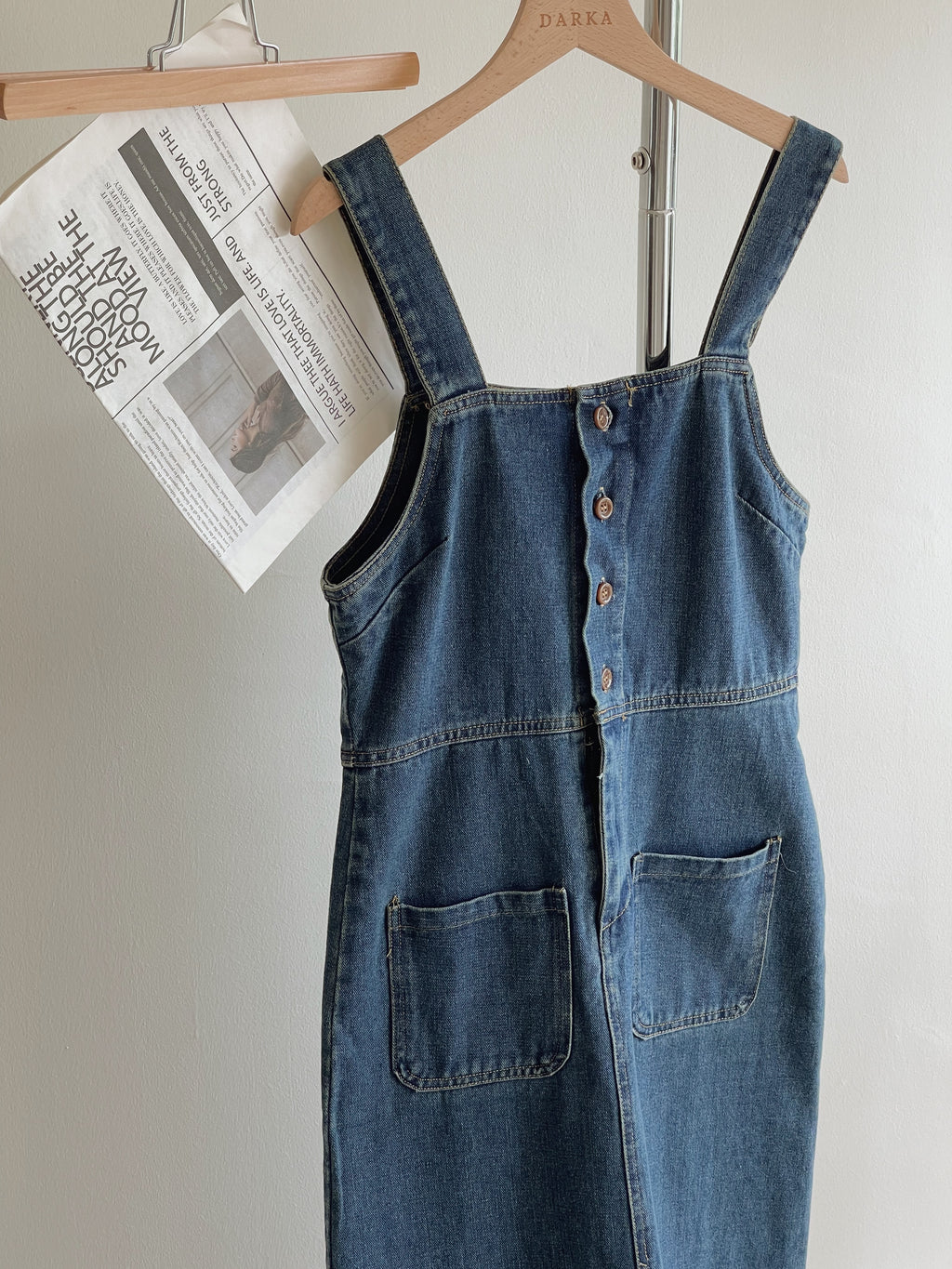Button Up Dungaree Dress / 排扣牛仔背带长裙