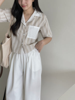 Stripes Linen Crop Shirt / 条纹翻领棉麻短衬