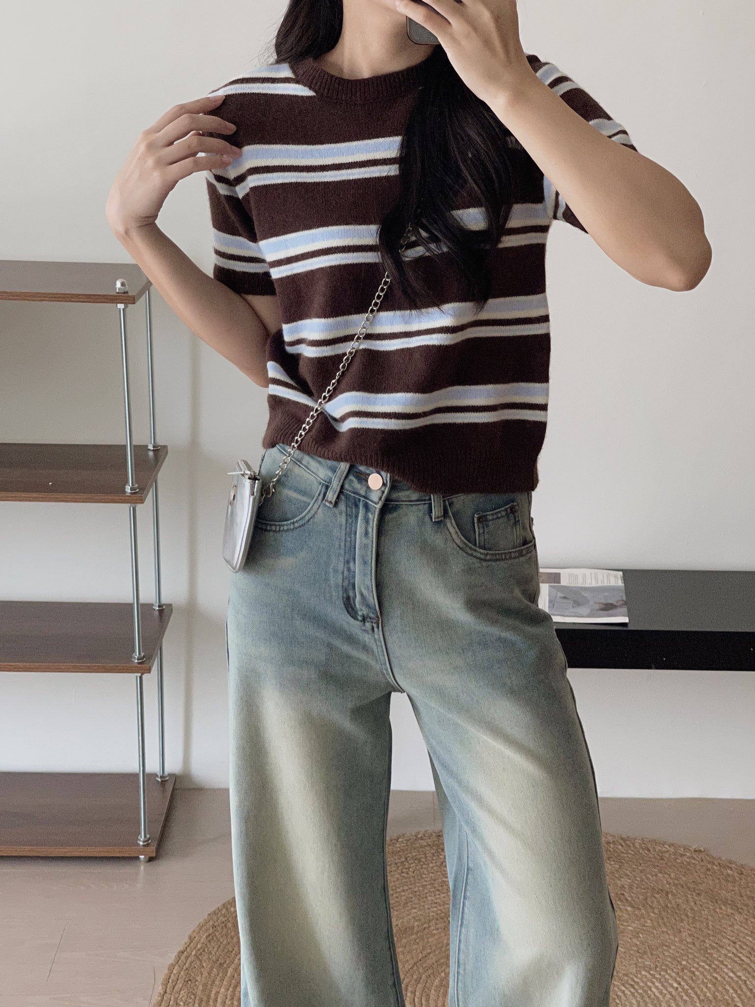 Korean Knit Round Tee / 横条撞色圆领毛衣T恤