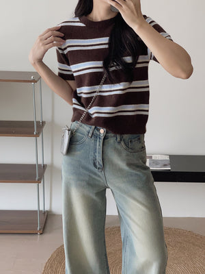 Korean Knit Round Tee / 横条撞色圆领毛衣T恤