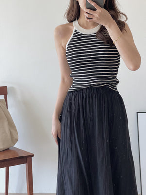 Stripes Halterneck Singlet / 杏黑条针织挂脖背心
