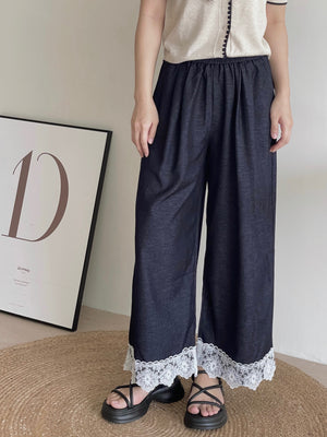 Hem Spliced Lace Pants / 蕾丝拼接花边阔腿裤