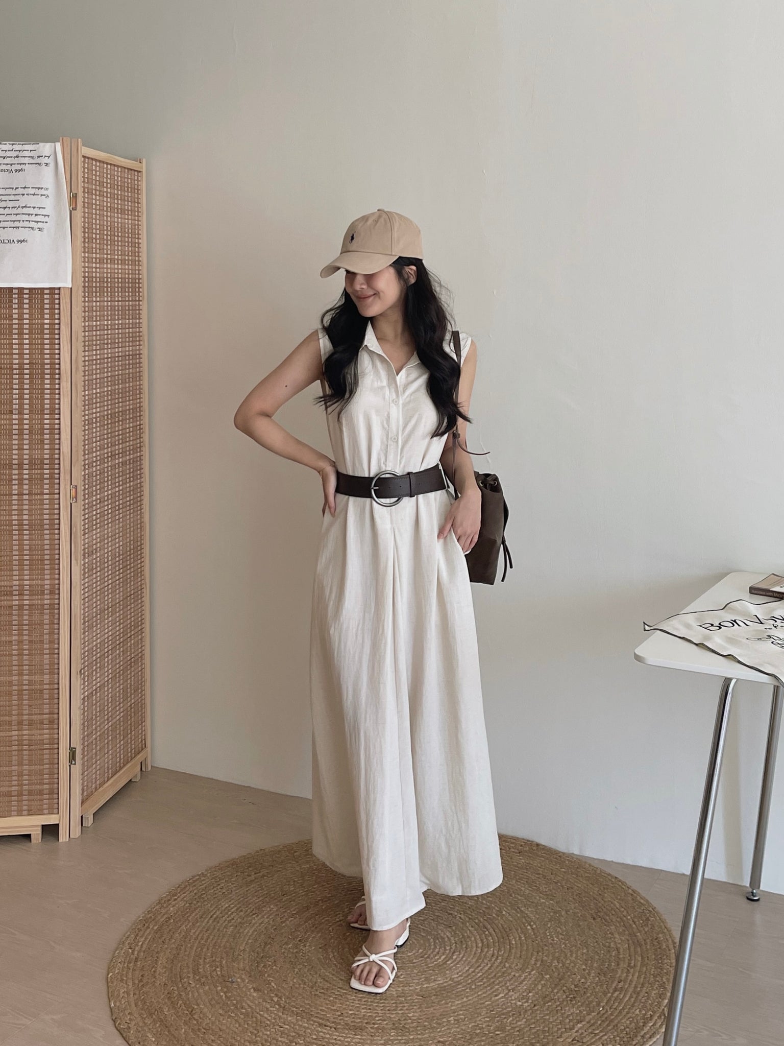 Vintage Belt Maxi Dress / 复古腰带棉麻衬衫长裙