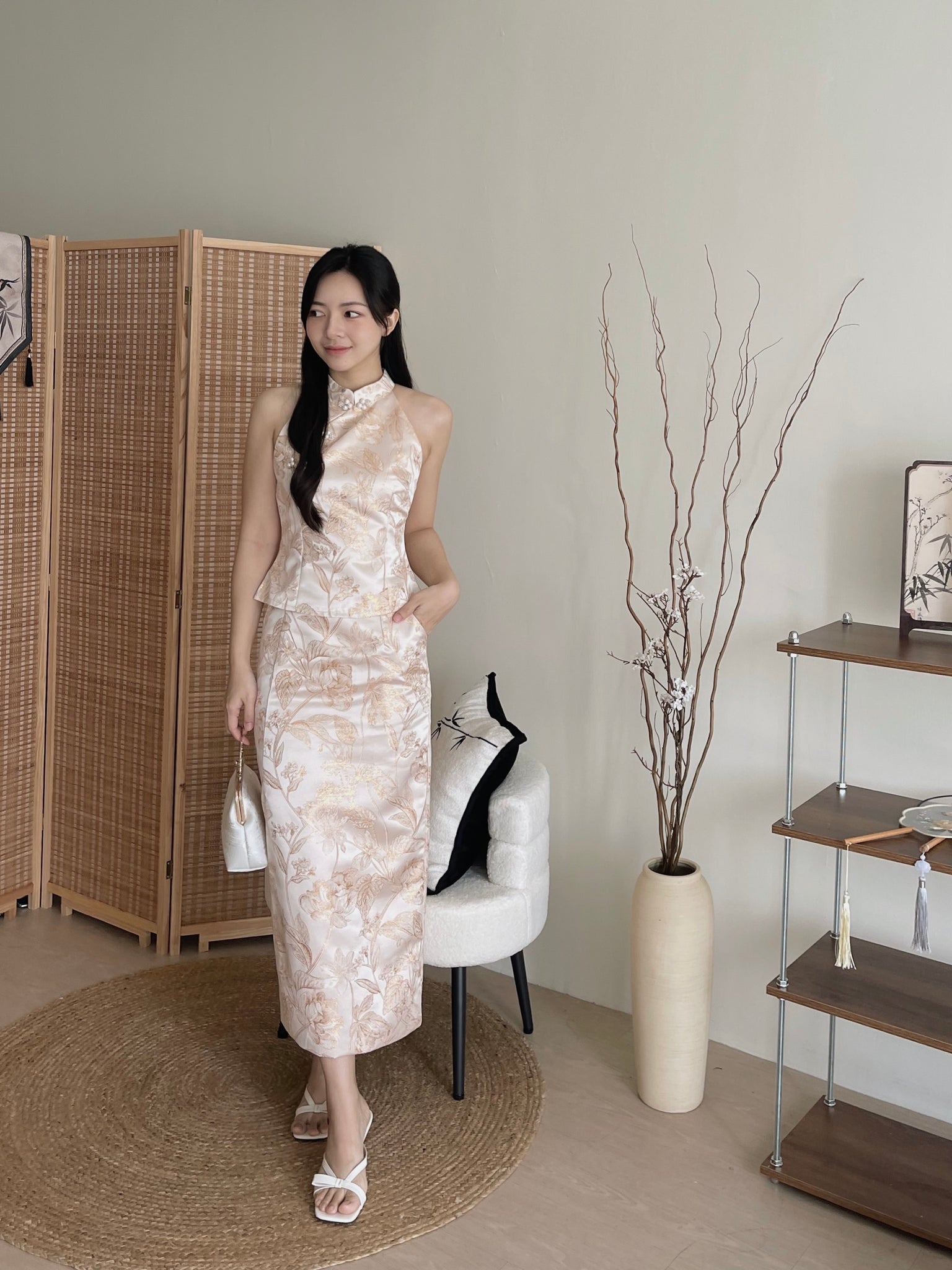 Oriental Bloom Midi Skirt Set / 【香绫花语】金丝古典气质中长裙套装