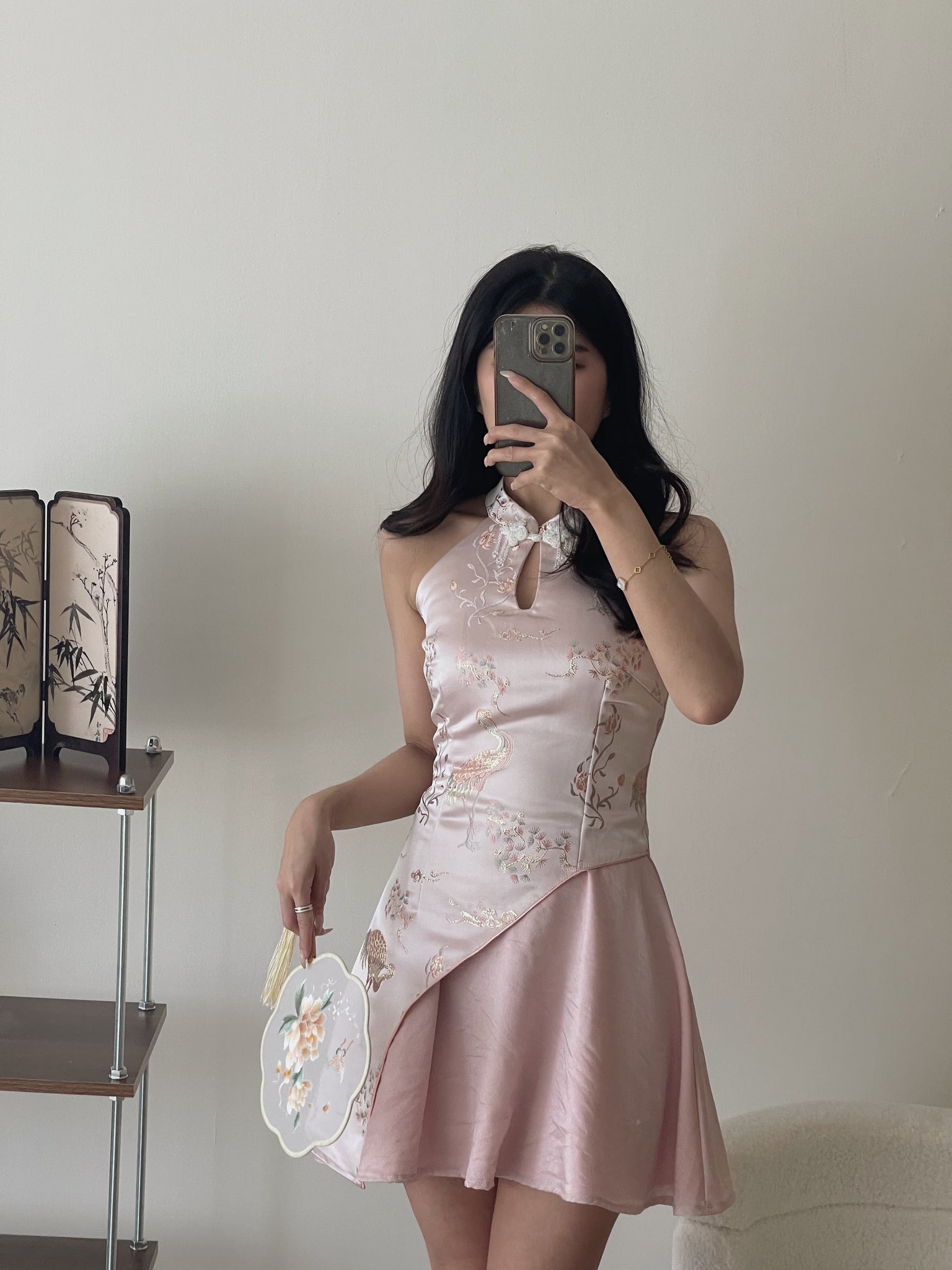 Dreamy Blossom Cheongsam Dress / 绮梦花锦挂脖拼接旗袍裙