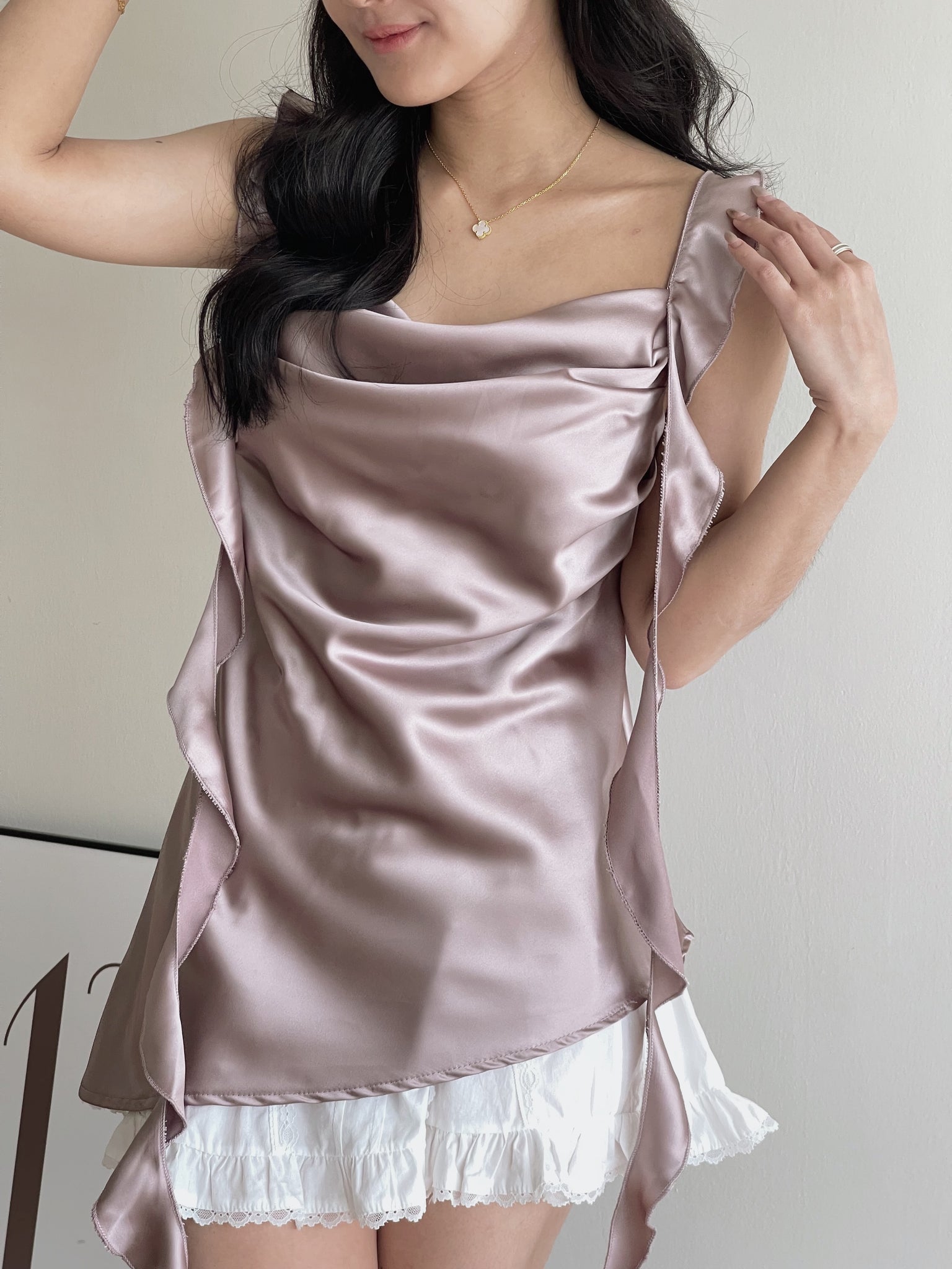 Ruffles Long Strap Top / 荷叶长肩带缎面上衣