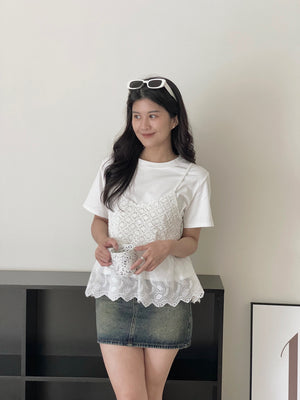 Saina Crochet 2pcs Top / 钩花针织吊带两件套