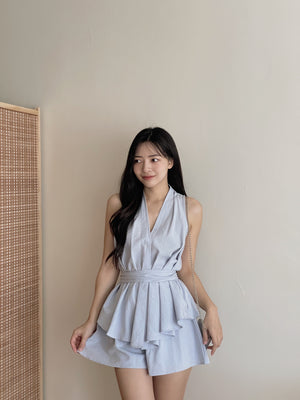 Peplum Sweet Top Set / V领收腰阔腿短裤套装