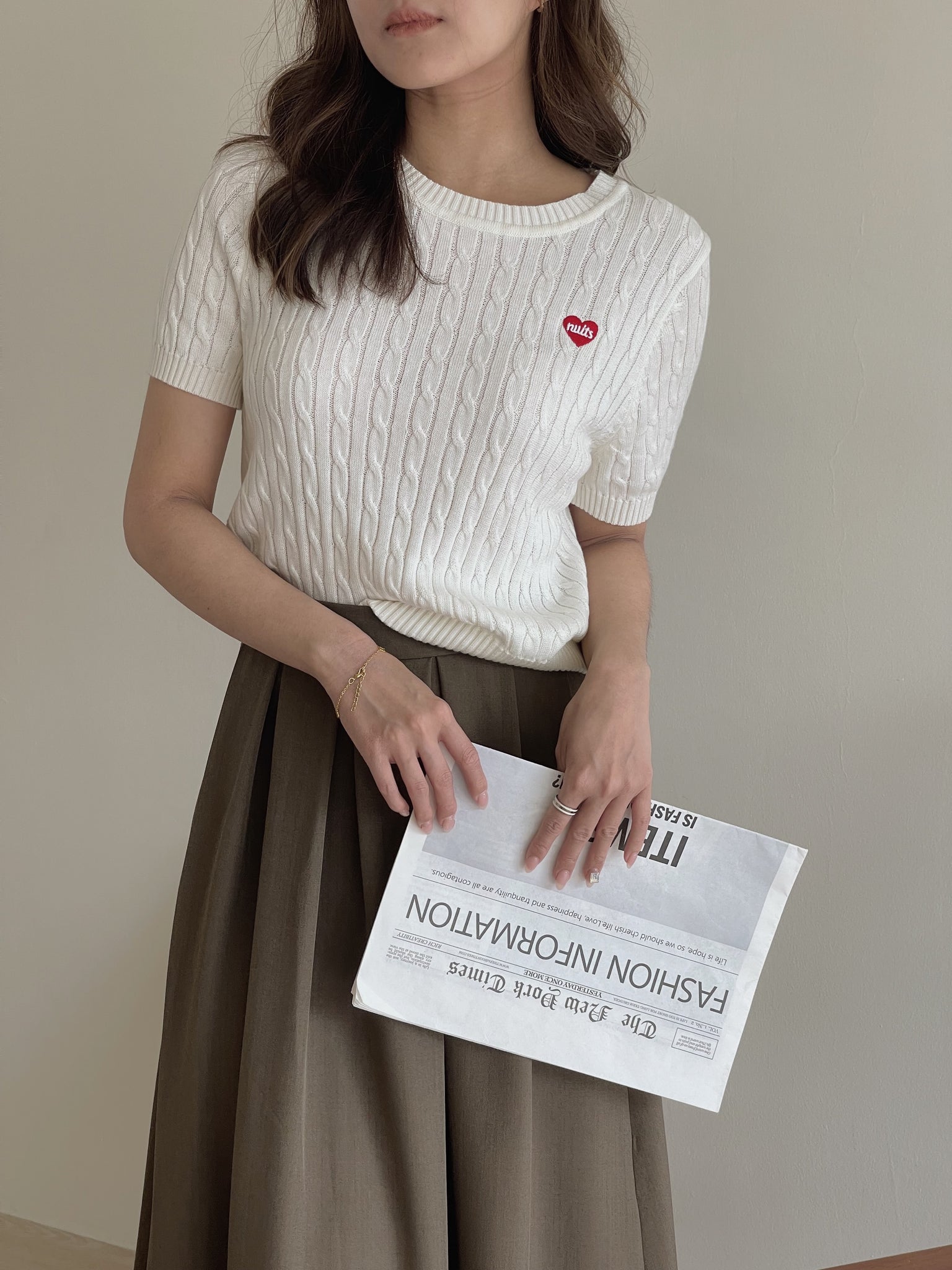 Lovey Cable Knit Tshirt / 爱心刺绣麻花T恤