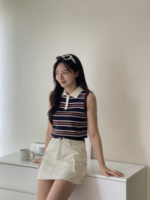 Marilyn Contrast Knit Top / 撞色条纹翻领针织背心
