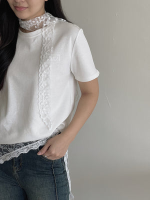 Lace Tie Plain Tee / 蕾丝带简约T恤