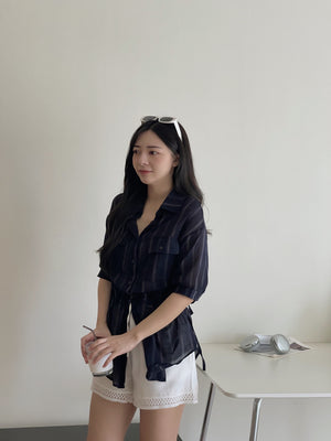 Navy Casual Striped Shirt / 慵懒宽松线条抽绳衬衫
