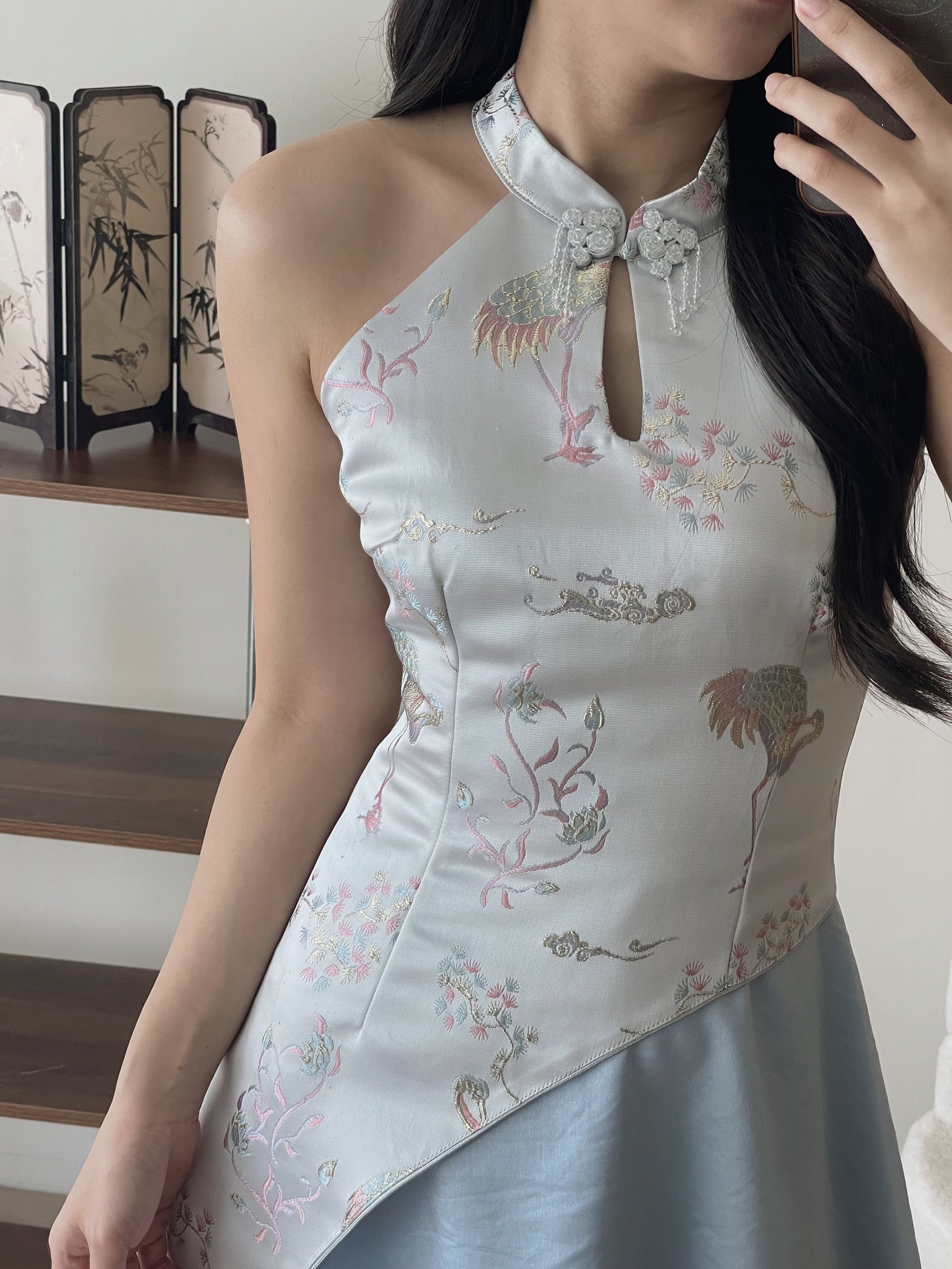 Dreamy Blossom Cheongsam Dress / 绮梦花锦挂脖拼接旗袍裙
