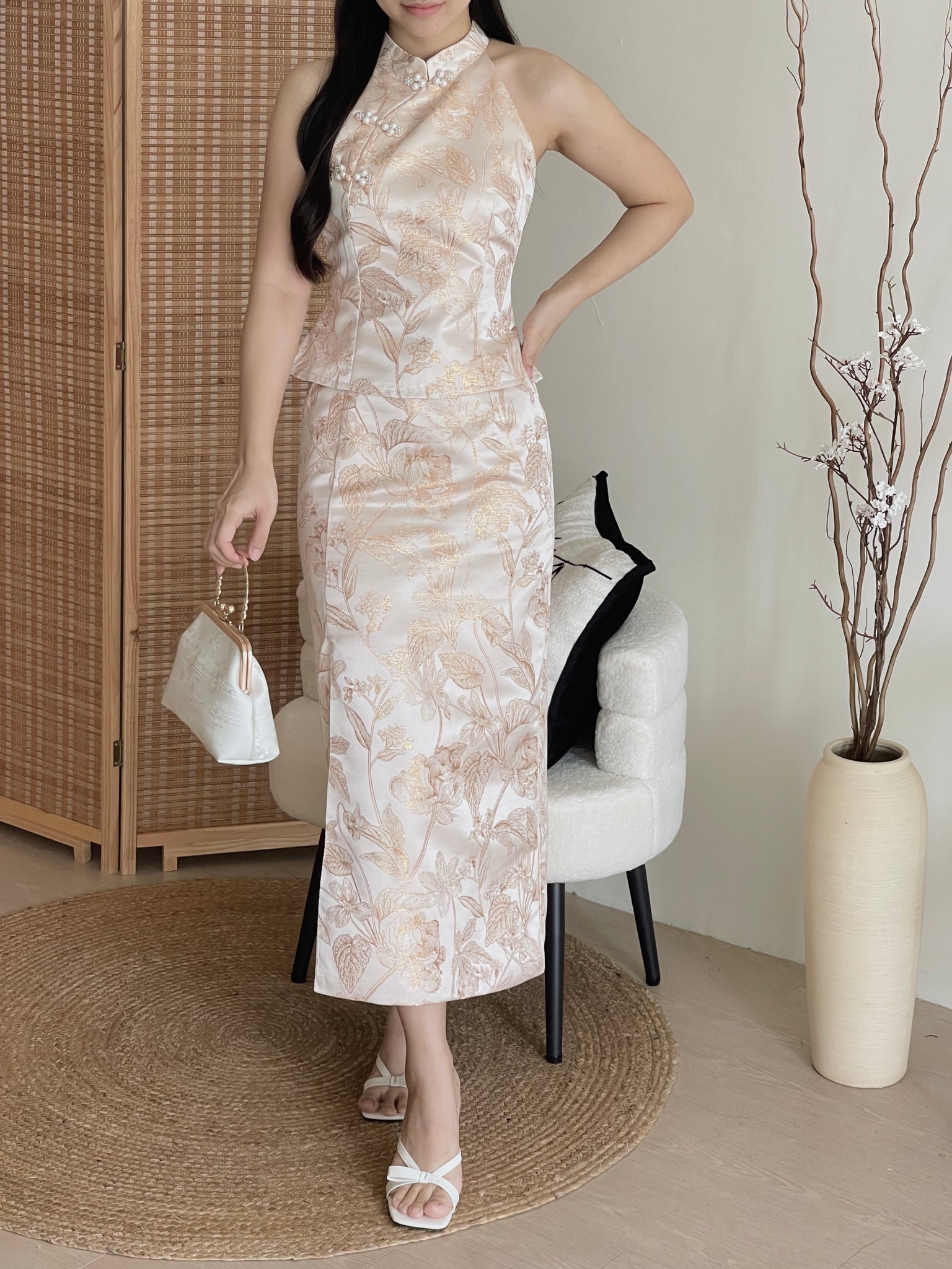 Oriental Bloom Midi Skirt Set / 【香绫花语】金丝古典气质中长裙套装