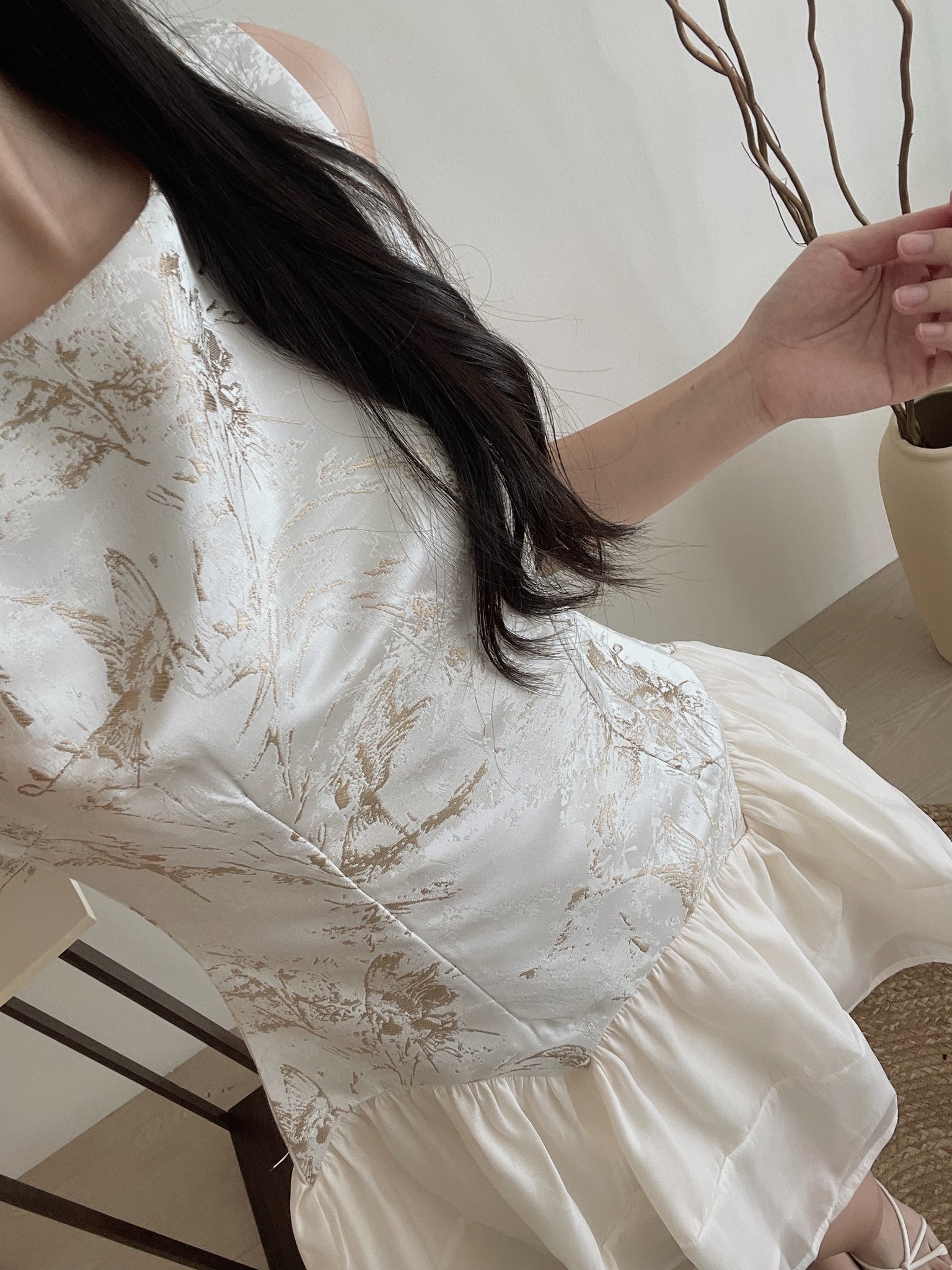 Gilded Mist Jumpsuit Dress / 烟罗织梦-金雾提花薄纱摆连体裤裙