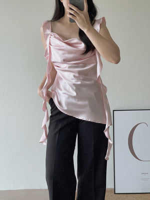 Ruffles Long Strap Top / 荷叶长肩带缎面上衣