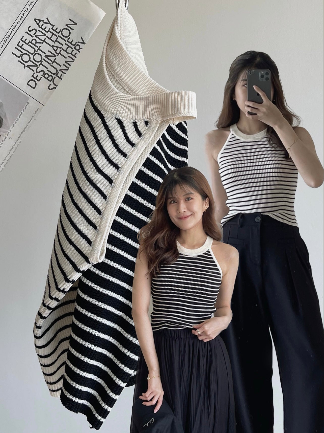 Stripes Halterneck Singlet / 杏黑条针织挂脖背心