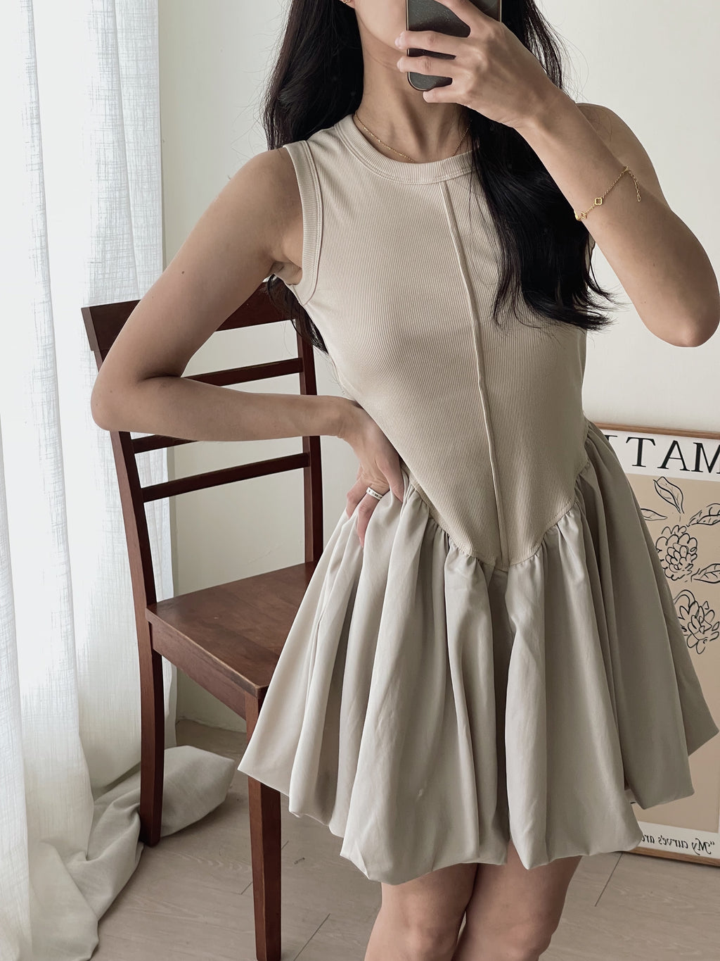Puff Hem Babydoll Dress / 背心拼接花苞连身裙