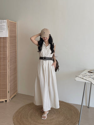 Vintage Belt Maxi Dress / 复古腰带棉麻衬衫长裙