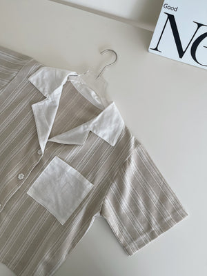 Stripes Linen Crop Shirt / 条纹翻领棉麻短衬