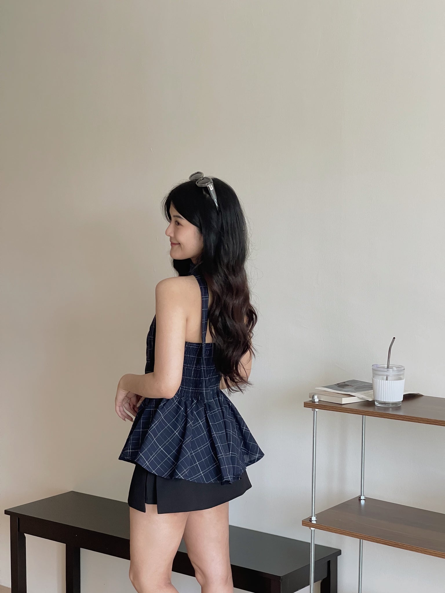 Plaid Halter Strap Tube Top / 格子围脖带上衣抹胸上衣