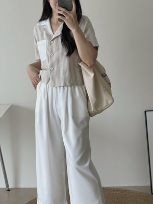Stripes Linen Crop Shirt / 条纹翻领棉麻短衬