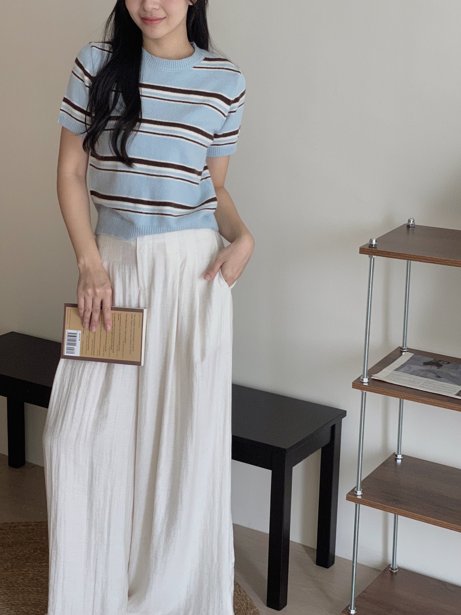 Korean Knit Round Tee / 横条撞色圆领毛衣T恤