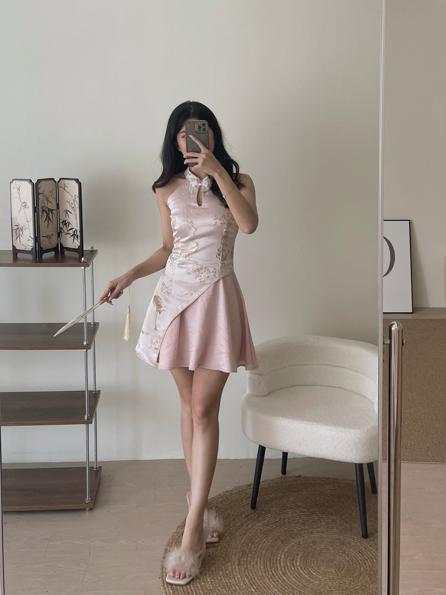 Dreamy Blossom Cheongsam Dress / 绮梦花锦挂脖拼接旗袍裙