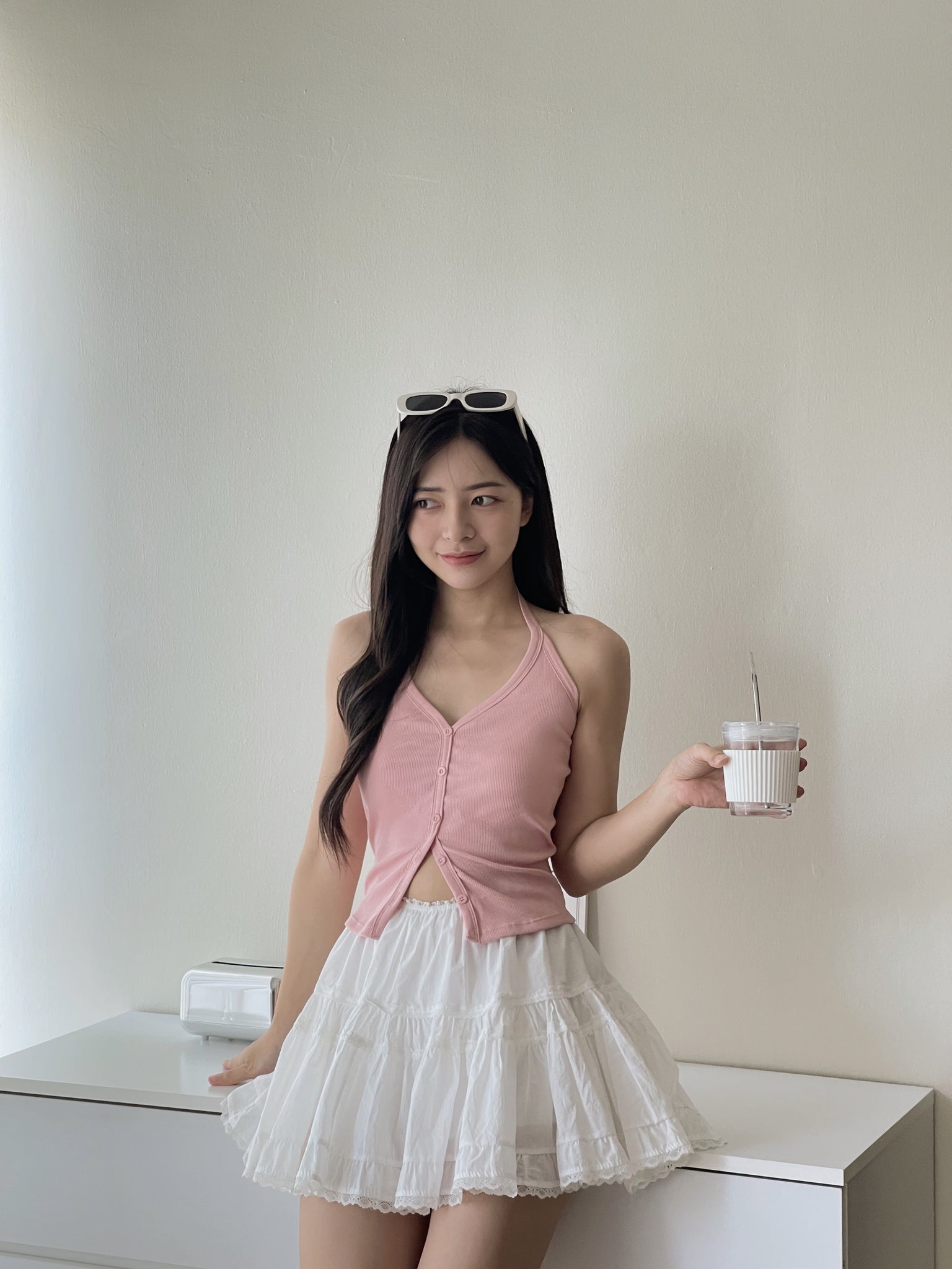 Button Halterneck Padded Top / 纯欲挂脖胸垫背心