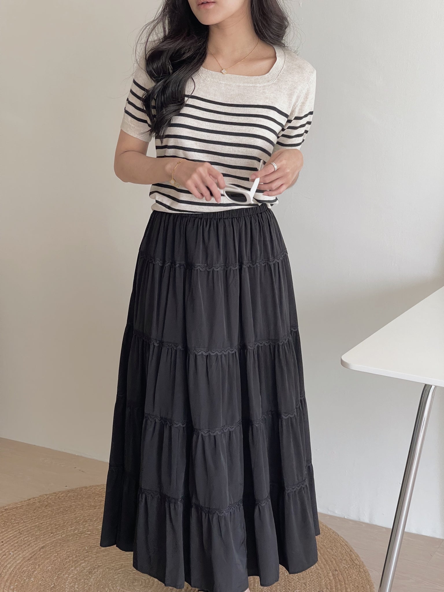 Korean Stripes Knit Top / 条纹针织方领T恤