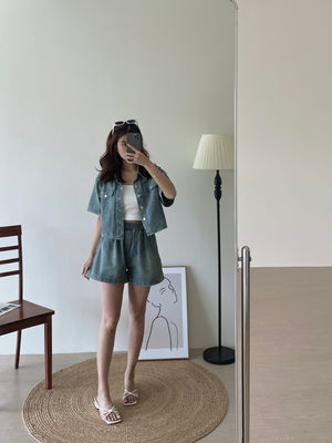 Denim Short Set / 排扣双口袋牛仔两件套