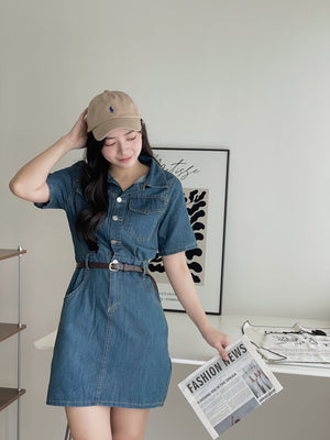 Collar Belted Denim Dress / 港风复古翻领牛仔裙