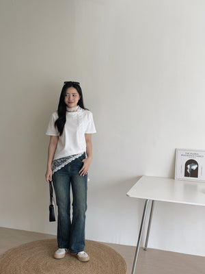 Lace Tie Plain Tee / 蕾丝带简约T恤