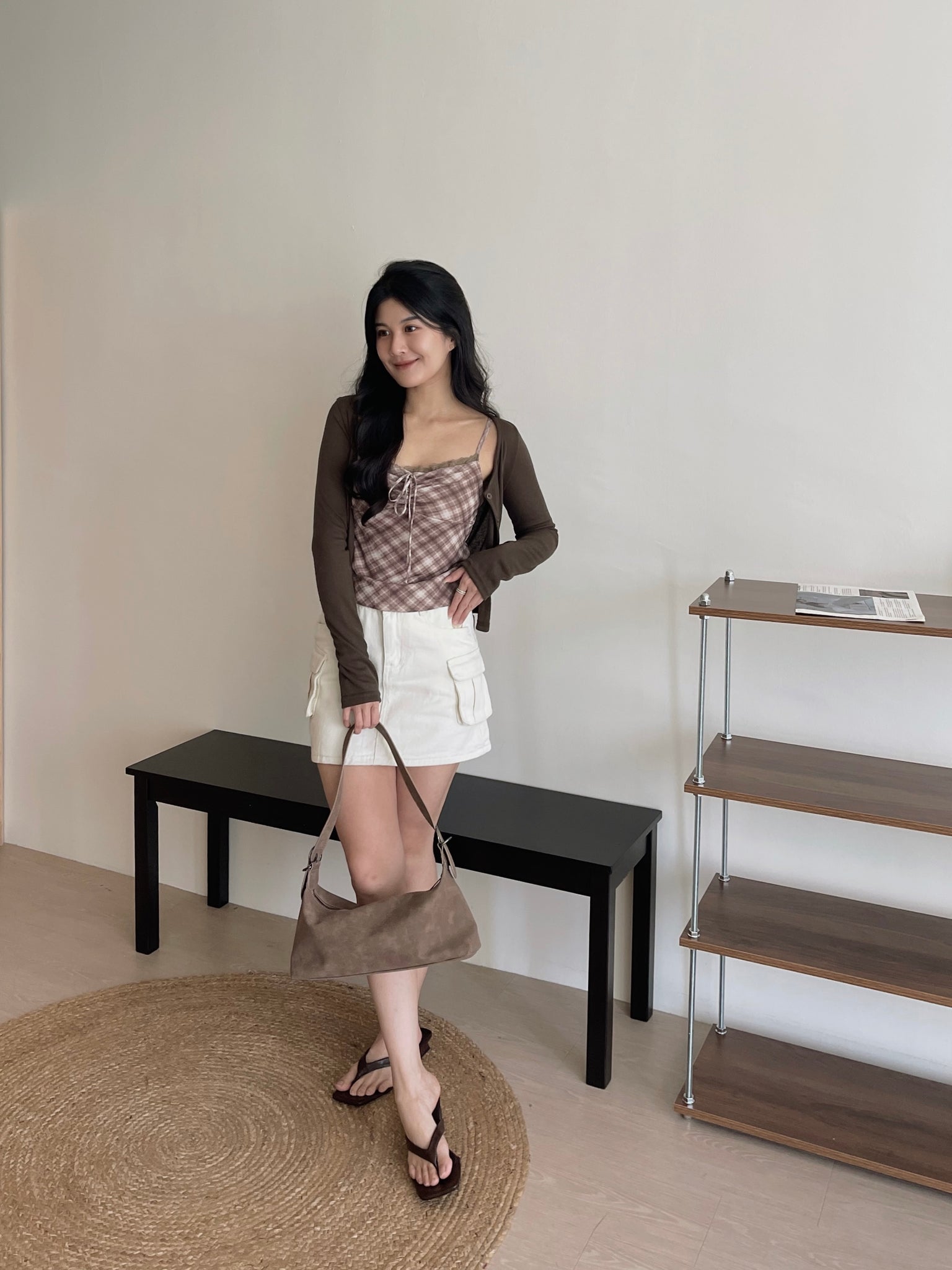 Vintage Checkered Top Set / 复古格子吊带开衫上衣