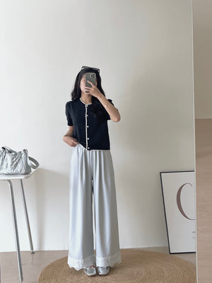 Hem Spliced Lace Pants / 蕾丝拼接花边阔腿裤