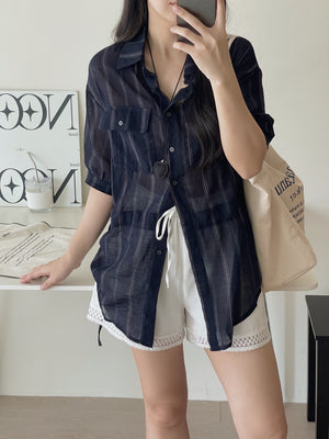 Navy Casual Striped Shirt / 慵懒宽松线条抽绳衬衫